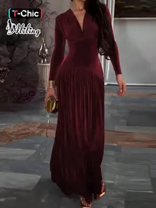 Aliling Women's Velvet Dress V-Neck Long Sleeves Patchwork Swing Design, Elegant Chic Fall & Winter Plain Fitted Fashion, Comfortable Daily Wear