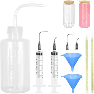 11 pcs snowflake glass cup Diy kit, including bent needle, syringe, squeeze bottle, funnel, double headed dead skin push, used for making sparkling snowflake glass ball cups