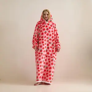 Wearable Blanket Hoodie,  Sherpa Wearable Hooded Blanket,Warm Cozy Sherpa Hoodie Gifts for Women Girls Adult Strawberry