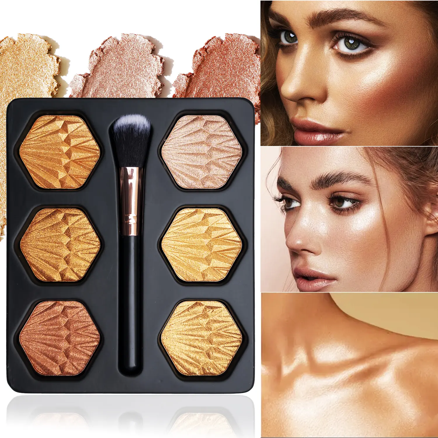 6 Color Powder Highlighter Palette, Facial Makeup Palette, Beauty Highlighters, Glitter Highlighter, Glowy Highlighter, Contouring & Highlight Glowing Skin Waterproof Long-Lasting Skin-Friendly Dark Highlight Face Makeup Gift