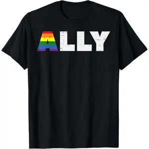 Proud Ally Rainbow Colors Gay Pride LGBTQ Men Women T-Shirt Pure Cotton Graphic Tees Menswear Top: Gifts for Men & Women