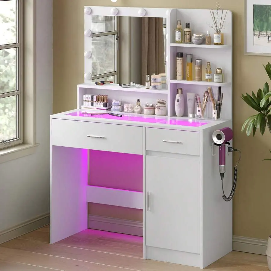 Modern Vanity Desk with LED Mirror 3 Light Modes & RGB Ambient Lighting, 40" Makeup Table with Power Outlet USB Ports, Hair Dryer Rack & Storage Drawers for Women Bedroom White
