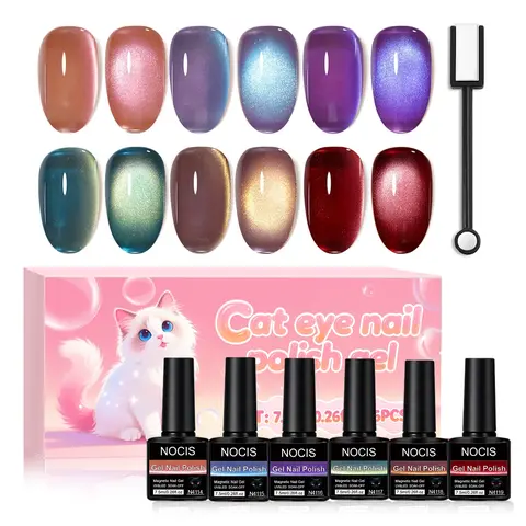 NOCIS 6-Color Magnetic Cat Eye Gel Nail Polish Set - Holographic Glitter Shimmer & Light-Reactive Nail Art Kit with Magnet | 0.25oz Same-Color Bottles | Salon-Quality Manicure & Pedicure Nail Care for At-Home Enjoyment, Gel Based Nail Art Products