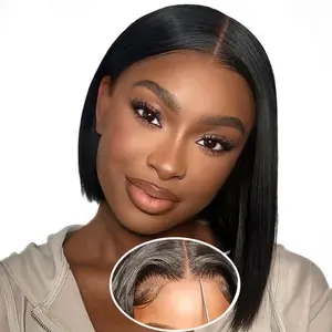 Short Bob Glueless Wigs Human Hair Pre Plucked Pre Cut 6x4 Transparent Lace Closure Wigs Human Hair 180% Density Wear and Go Glueless Straight Wigs for Black Women No Glue Lace Closure Wigs Natural Color