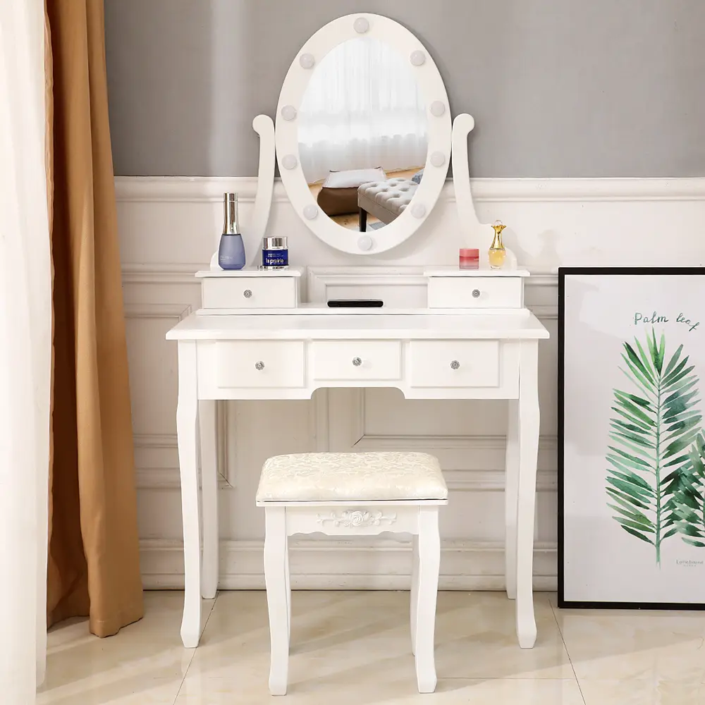 White Dressing Table with Mirror & Stool – Bedroom Makeup Vanity, 360° Rotating Elliptical Mirror, 10 White Light Bulbs, Removable Storage Boxes & 3 Drawers, Multifunctional Workbench Desk, Easy to Assemble