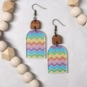 Chevron Acrylic Geometric Dangle Earring with Wood Accent Top and Hooks Rainbow Stripes Fashion Jewelry