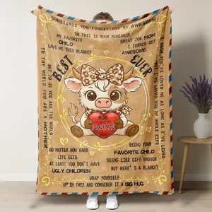 Highland Cow Blanket - Cute Airmail Border Plush Throw, Warm Soft Gift for Mom from Daughter/Son for Mother's Day, Plush Cow Blankets for Birthday