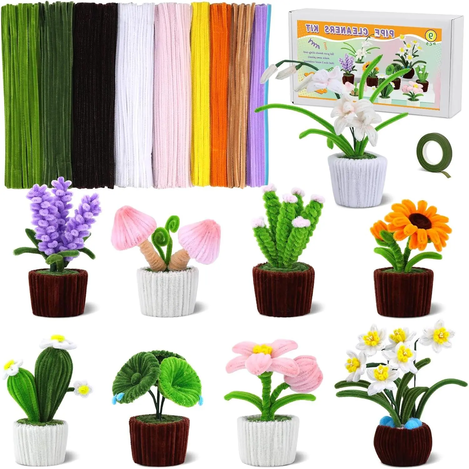 611 count Pipe Cleaner Flower Kit, Pipe Cleaners Bulk, 10 Colors Pipe Cleaners , Chenille Stem Pipe Cleaners Craft for Decorations with Video Tutorial, Flower Wire, Floral Tape