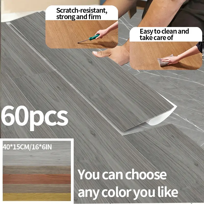 60 Piece Wood Grain Pattern Self-Adhesive Floor Tiles, Waterproof Vinyl Outdoor Indoor Flooring Peel and Stick Waterproof for Bathroom & RV, Easy Clean Patchwork Wall Covering, Waterproof Durable PVC Material, Water Resistant Floors, Garage Floor Covering