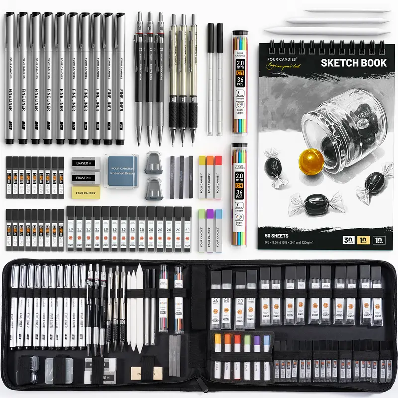 73-Piece Premium Art Supplies Drafting Tools Kit with Art Supplies Organizer - Soft Pastels, Fineliners, Mechanical Pencils, 3-Color 130g 6.5in x 9.5in Sketchbook, Charcoal Sticks, 10 Sheets of Black Paper - Unisex Graduation Gift for Him
