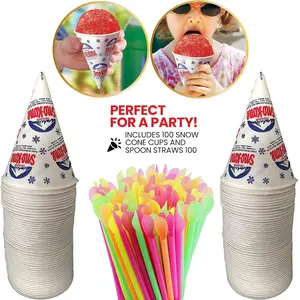 100 Count 6oz Icy Cups Snow Cone Cups with 100 8" Neon Spoon Straws, Recyclables and Washable Party Icy Icee Cups, Concession Essentials