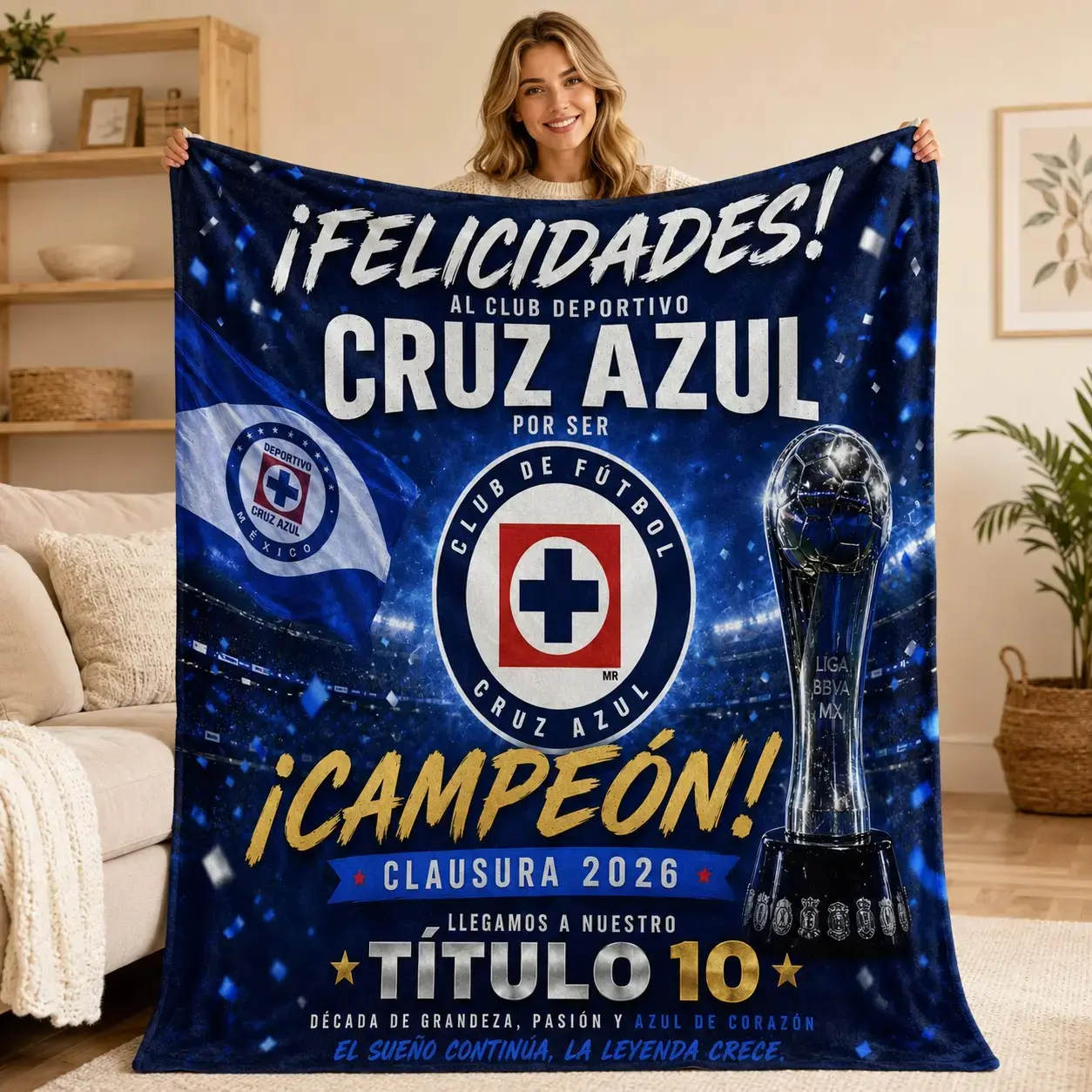 Cruz Azul Adult Soccer Flannel Cozy Throw Blanket, Celebrate 2026 Clausura Champions, Perfect Gift for Fans, Soft and Cozy Design