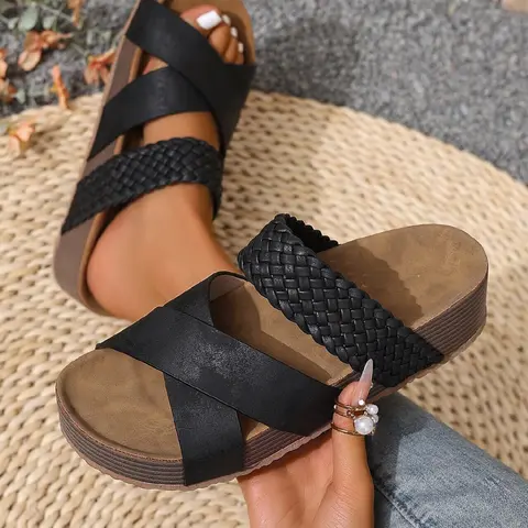 Women Sandals Footwear Sandal Beach Braided Design Sandals New Thick Bottom Braided Cross Casual Solid Color Slippers Springfresh Beach Flip Flops