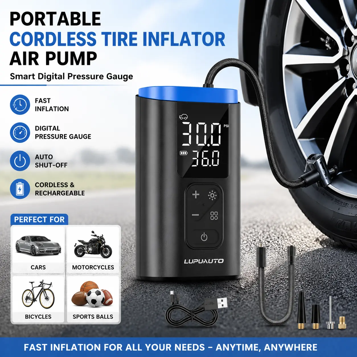 Portable Cordless Tire Inflator Air Pump – Smart Digital Pressure Gauge, Auto Shut-Off Electric Air Compressor, Fast Inflation for Car, Motorcycle, Bicycle & Sports Balls Emergency Use