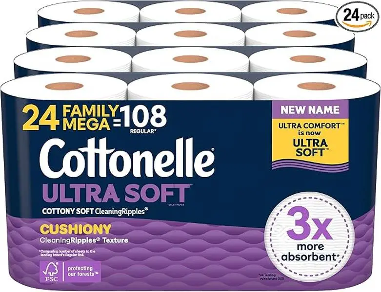 Cottonelle Ultra Soft Toilet Paper with Cushiony CleaningRipples Texture, Strong Bath Tissue, 24 Family Mega Rolls = 108 Regular Rolls (4 Packs of 6)