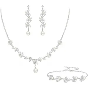 Women's Simulated Pearl Wedding Jewelry Set, Cubic Zirconia Marquise Floral Bridal Necklace Earrings Bracelet Collection