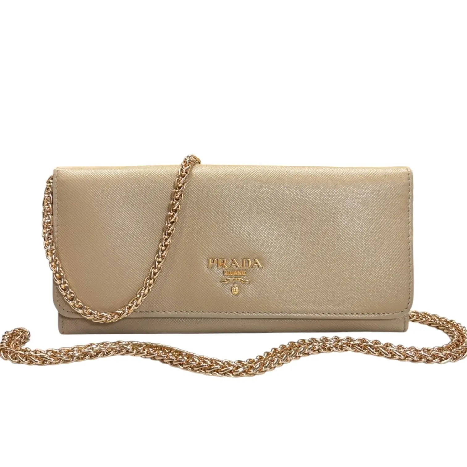 Pre-owned PRADA Calfskin Small leather goods Beige Saffiano Leather Wallet with Chain