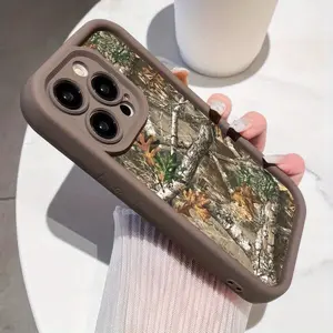 This phone case is designed for iPhone models 16, 15, 14, 13, 12, 11,  Mini, Plus, Pro, Max, and SE. It features a creative camouflage tree branch design. It is made of TPU material with anti-drop function and comes in a simple brown color
