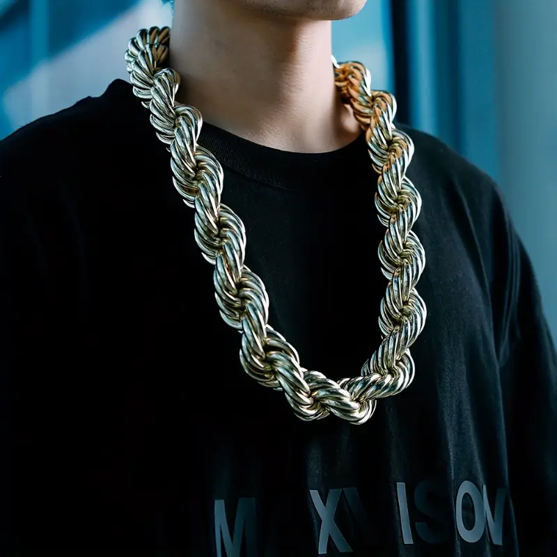 Men's 1pc 30MM Gold Plated Chunky Rope Chain Necklace, 30-in Hip Hop Costume Jewelry, Halloween Decor, Christmas-Party Gift, Gold Plated Necklace