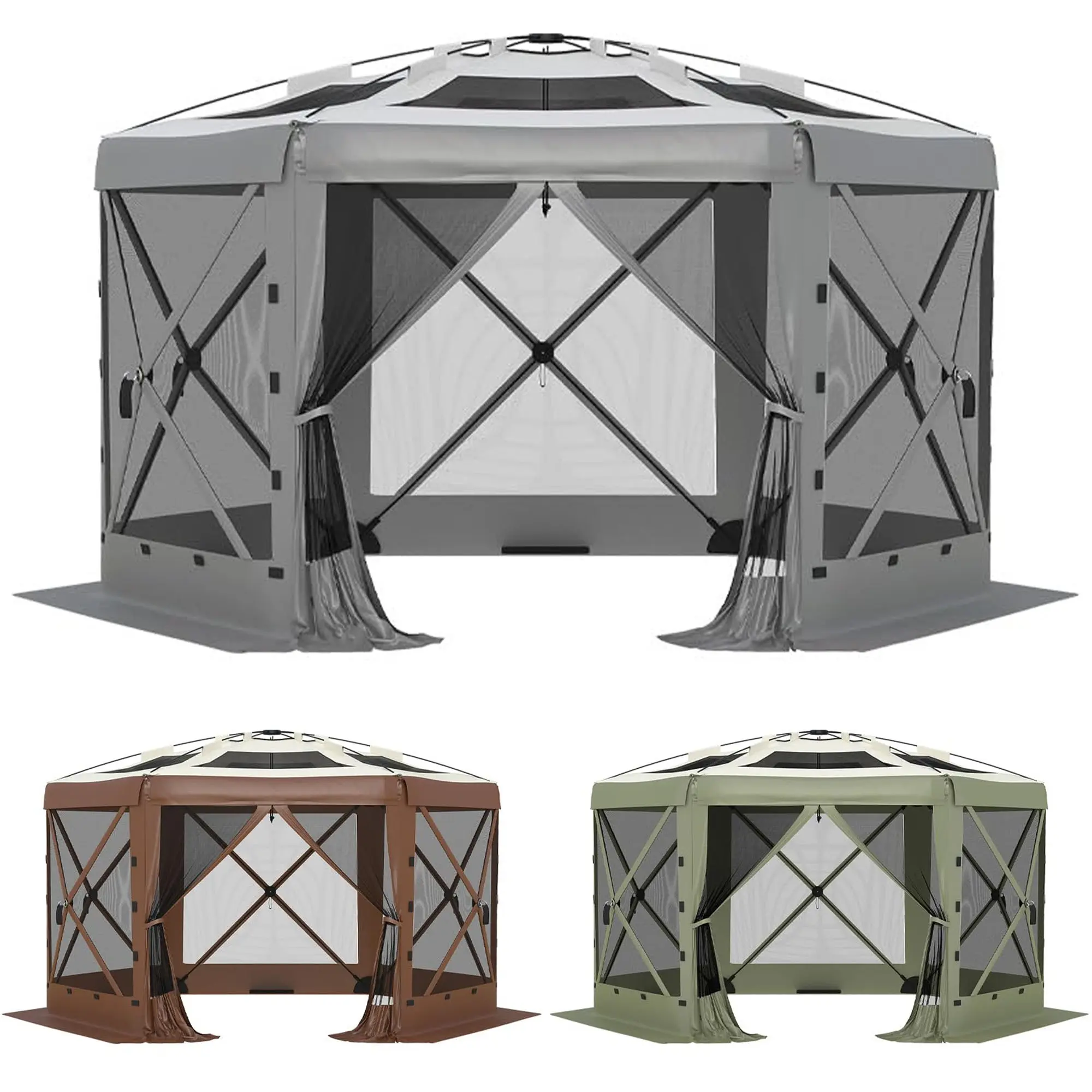 13x13FT Pop Up Canopy Tent, 6-Sided Gazebo with Mesh Panels & Removable Wind Cloths, One-Push Setup for Camping, Backyard Parties, and Outdoor Events
