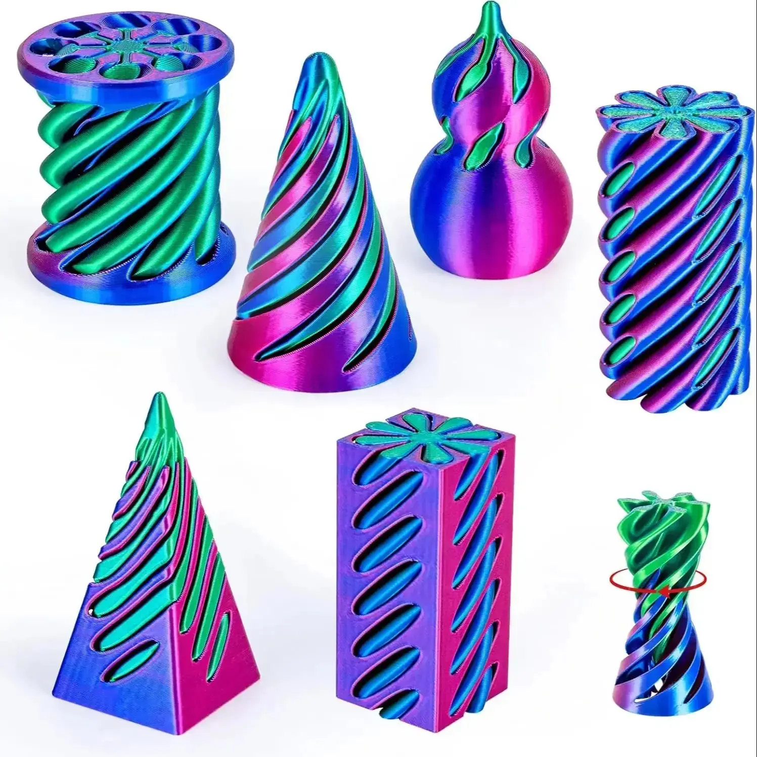 Unisex Durable Geometric Stress Relief Fidget Toy Set - 6-Pack 3D Printed Plastic Toys with Spiral Cone, Impossible Passthrough Pyramid, Pillar, Gourd, Helix, Screw for 8+ Years Anxiety Relief, Geometric Shapes