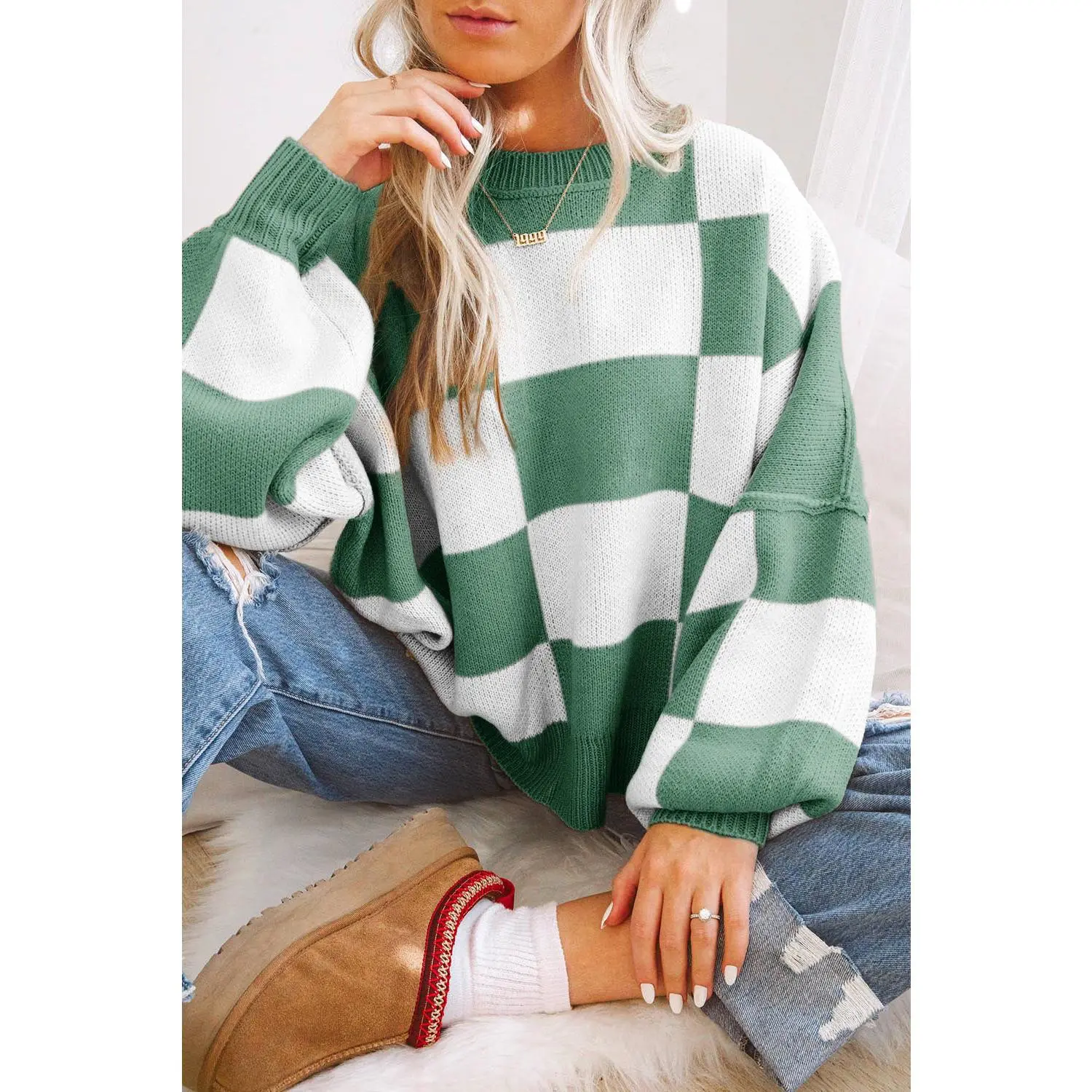 Checkered Bishop Sleeve Sweater