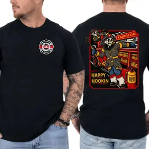 Happy Hookin’ Firefighter T-Shirt, Cartoon Skull Fireman Truck Graphic, Fire Rescue Graphic Shirt for Firefighters & First Responders, Gift for Fire Crew or Firemen