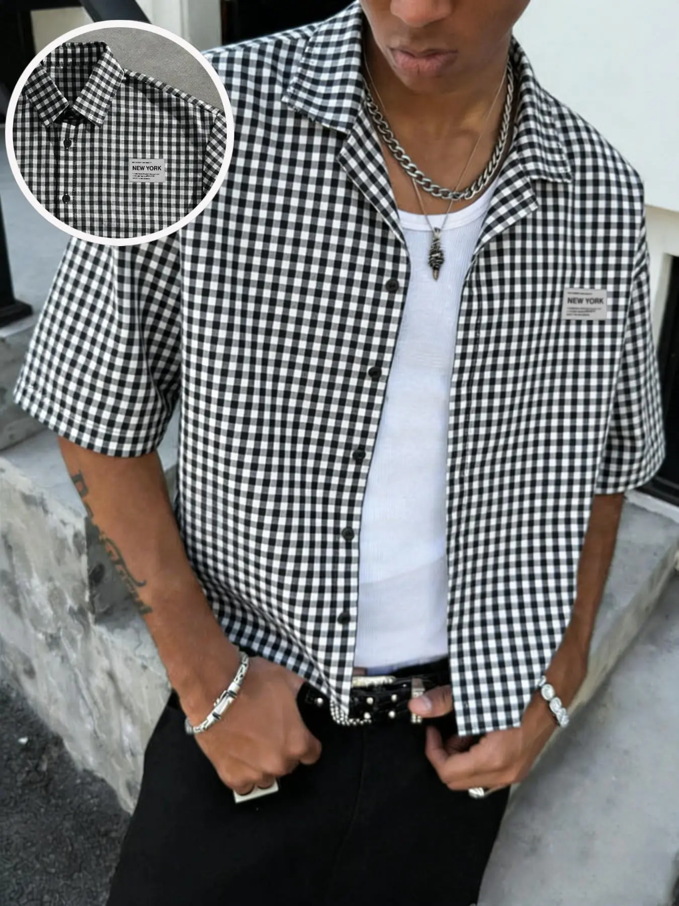 Men's Plaid Gingham Checked Checkered Short Sleeve Casual buttons Collared Casual Shirt, Menswear Classic Vintage Label High Street Fashion, Loose-Fitting Multi-Color Choice, Retro Style Clothing