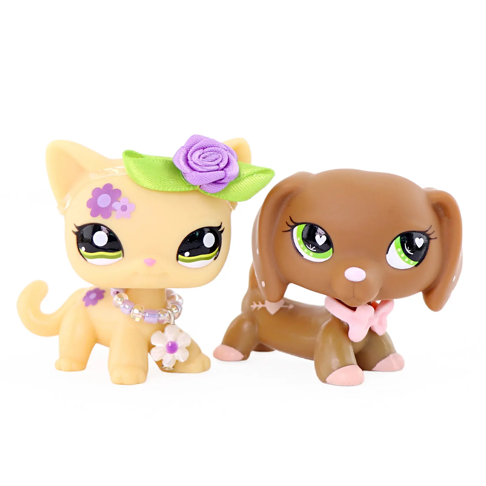 2 pcs Cute Cartoon Pet Animal Figures, Flower Decor Kitty & Pink Bow Dachshund Puppy Mini Figurines, Small Collectible Toys for Pretend Play, Desktop Display, Kids Birthday Party Favor Gift for Boys Girls Age 3+