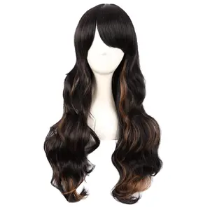 28 Inch/70 cm Charming Women Side Bangs Long Curly Full Hair Synthetic Wig (Black Mixed Brown)