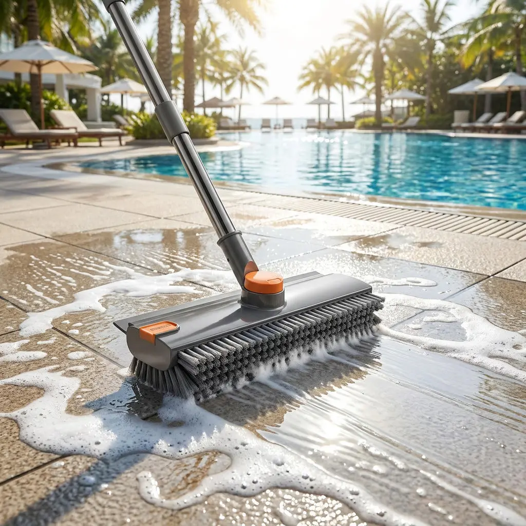 Grey 4-in-1 Multi-Angle Swivel Floor Scrub Brush Tool - Long Handle, Stiff Bristles, Squeegee & Tweezer Equipped Heavy-Duty Deep Stain Scrubber for Patio, Bathroom, Kitchen Tile Cleaning
