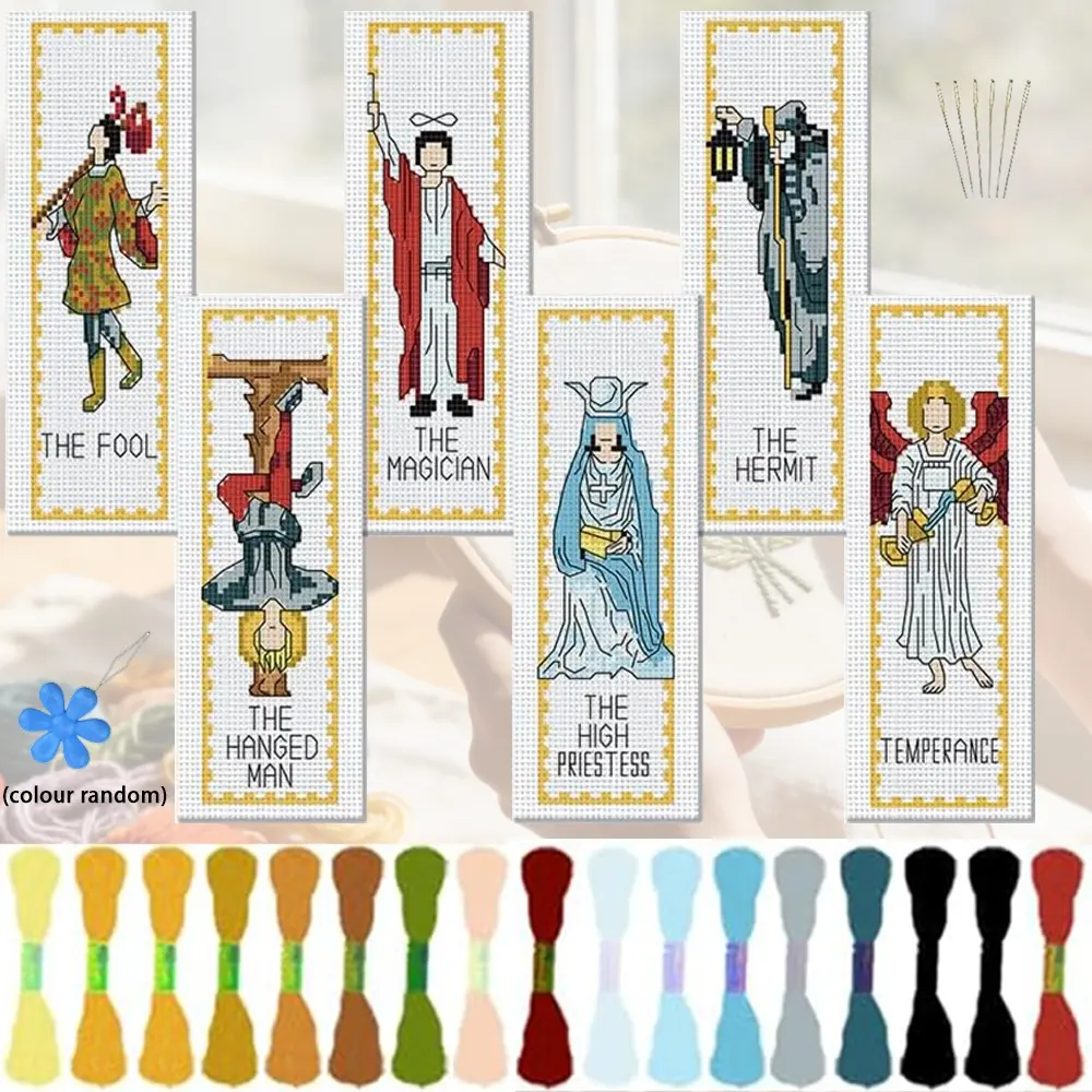 Tarot Theme Character Designs Cross Stitch Sewing Crafts Bookmark DIY Kit, Includes 6 Printed Fabric Panels, Embroidery Threads, Tools, Perfect Gift for Beginners, Adults, Tarot Cards