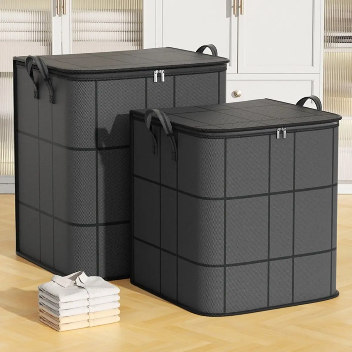Storage Box Large Capacity Foldable Wardrobe Storage Organizer with Handles Double Zipper Clothes Blanket Organizer Bag Space Saving Storage Bin for Home Dorm Moving