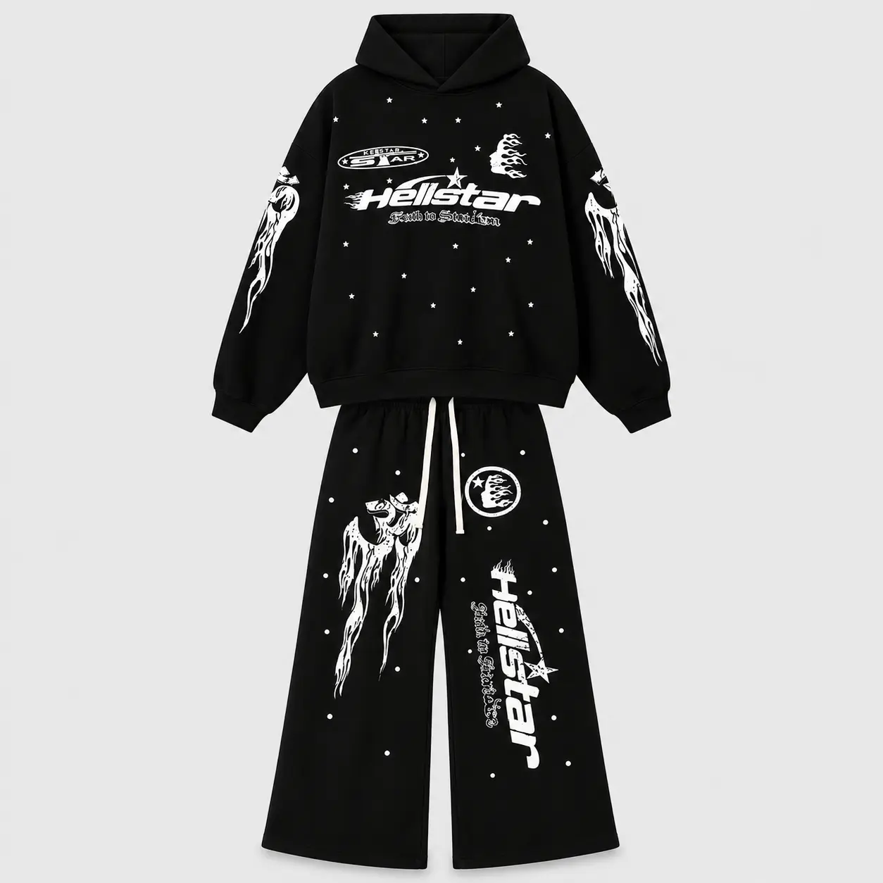 Hellstar 2-Piece Hoodie & Jogger Pants Set, Spooky Cat Graphic Halloween Sweatsuit, Womenswear Clothes