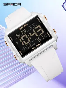SANDA Electronic Watch, Digital Watch, Square Transparent Sports Multifunctional Waterproof LED Watch for Men with Luminous & Alarm & Calendar Function, With Box And Hand Line