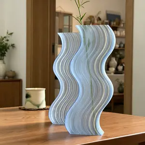 3D Printed Wavy Fluid Shape Vase Light Blue Transparent Aesthetic for Home Decor