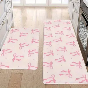 1-2Pcs Pink Bow Non-Slip Rectangular Kitchen Rug, Durable Household Items Decor Floor Mat, Suitable for Entryway Indoor Use