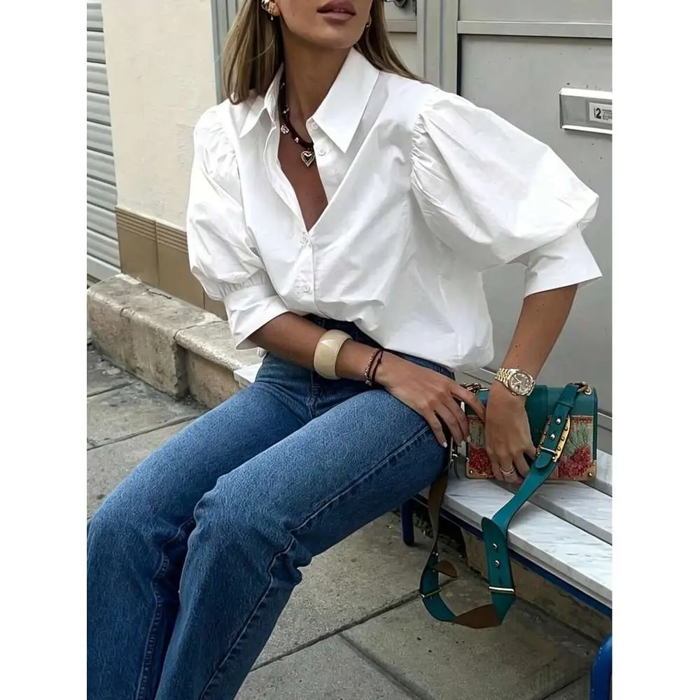 Women's Solid Color Mid-Sleeve Blouse, Puff Sleeve Design, Loose Fit, Vintage Casual, Suitable for Daily Wear, Dating, Business, Elegant White Summer Outfit.