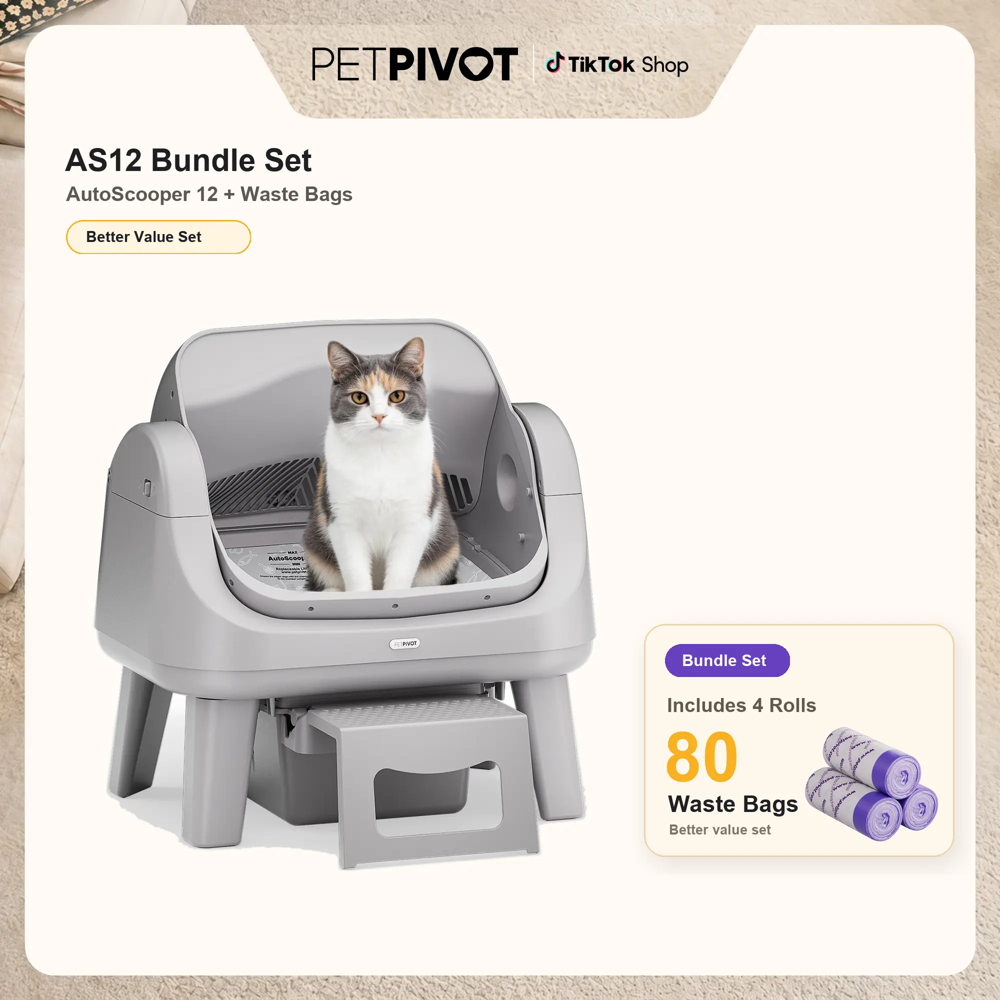 PetPivot AutoScooper 12 Value Bundle Set, Open-Top Self-Cleaning Cat Litter Box, Automatic Litter Box with Step, Includes 4 Rolls / 80 Waste Bags