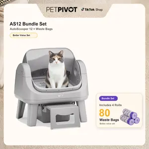 PetPivot AutoScooper 12 Value Bundle Set, Open-Top Self-Cleaning Cat Litter Box, Automatic Litter Box with Step, Includes 4 Rolls / 80 Waste Bags
