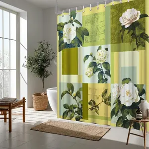 Polyester Straight Garden Shower Curtain, Elegant White Camellia Flower Vintage Patchwork Botanical Theme Bathroom Decor Bath Divider with Hooks