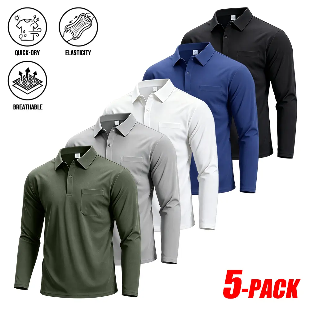 5-PACK Men Solid Chest Pocket Long Sleeve Polo Shirts, Quick Dry Breathable Elastic Mesh Collared Tops, Clean Fit Business Casual Golf Daily Multipack