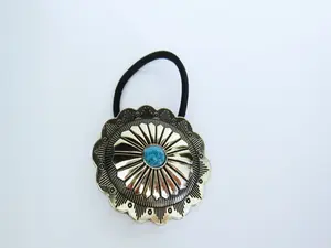 Oval turquoise blue stone metal  native hair tie ponytail holder scrunchie