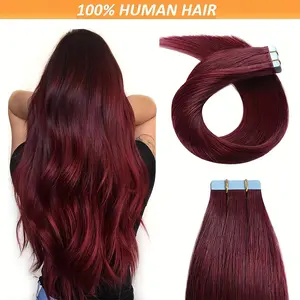 Hot Sell NEW Lacer 20pcs Set Tape-In Straight Hair Extensions, 14-28 Inch, Remy Human Hair, Natural Seamless & Skin-Friendly, Invisible Closure, 99j Burgundy Color, 30g Each