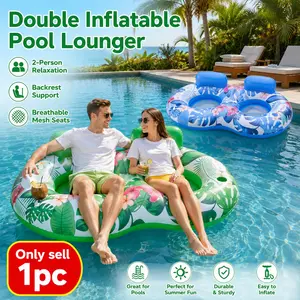 2 Person Pool Float for Adults, Leaf Tropical Style, Heavy Duty Inflatable Double Water Lounge with Mesh Bottom, Backrest, 2 Reinforced Handles & Dual Cup Holders, Foldable PVC Raft,floating pool bed, for Pool Lake River Beach Summer Party