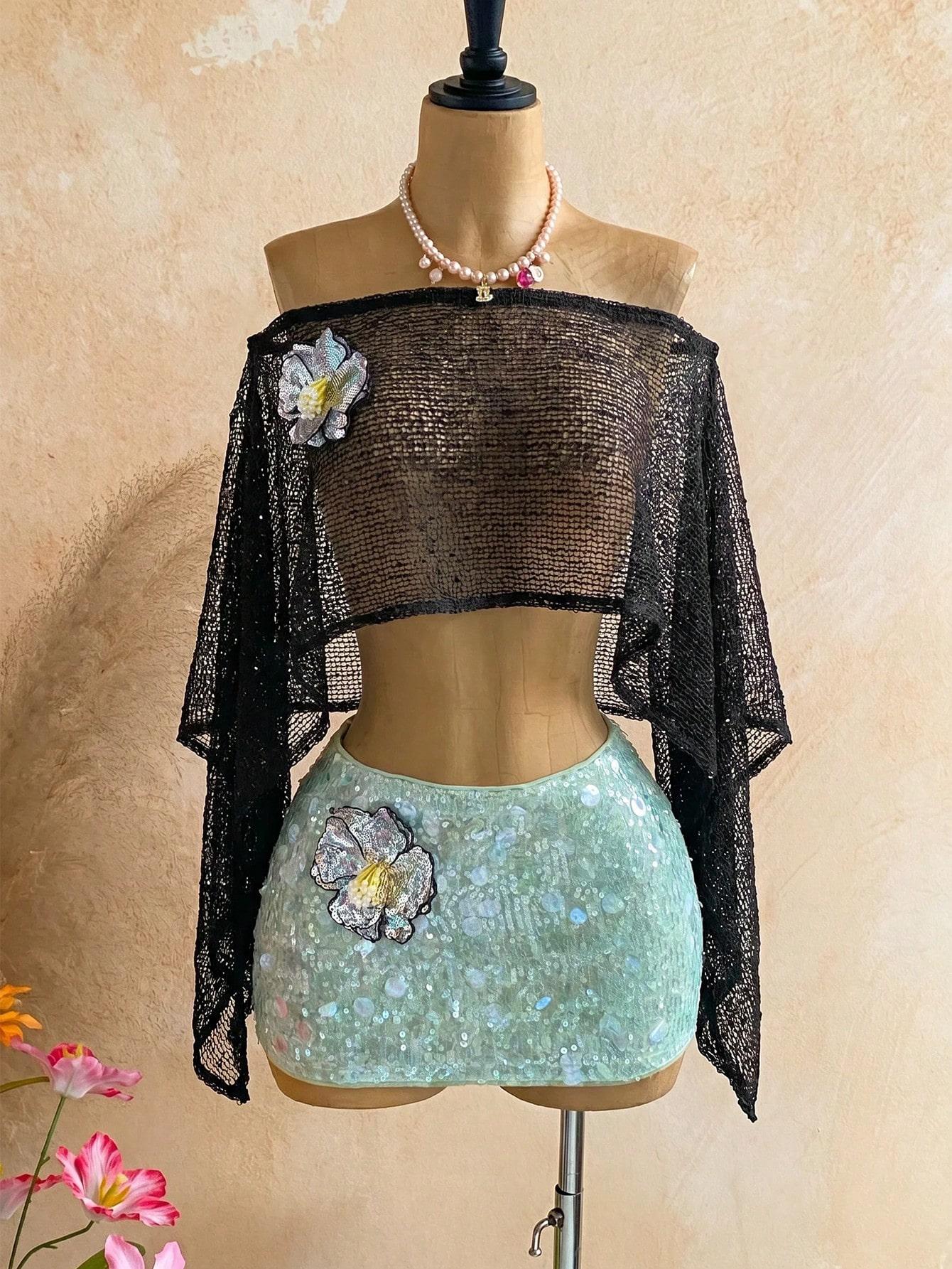 VYNCE Summer Beach Holiday Knit Top Light Pink 70s Party 3D Flower Knitted Crochet Off-Shoulder Hollow Music Festival Wear