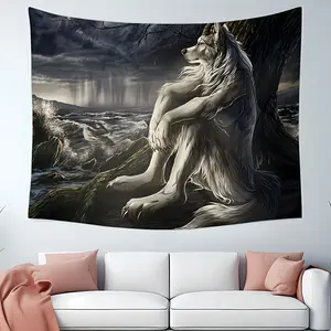 Tapestry 1Pc Funny Alpha Sigma Beta Wolf Tapestry, Indoor Wall Tapestries Emo White Wolf Sitting Sad Wall Mural Decoration For Home Decorative Paintings Tapestry