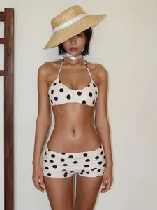 Retro Polka Dot Halter Bikini Set | High Neck Crop Top + Solid Shorts | Sexy Beach Vacation Hot Spring Swimsuit