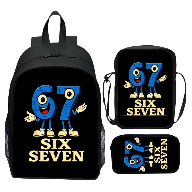 Trendy 67-Themed 3-Piece Backpack Set with Matching Tote & Pouch - Lightweight Nylon Daypack Combo for Daily Commute & Travel
