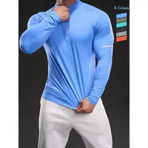 Men's Half Zip Up Stand Collar Sports Tee, High Stretch Tight-fitting Casual Comfy Breathable Long Sleeve T-shirt for Gym Workout Running, Men's Sportswear for All Seasons